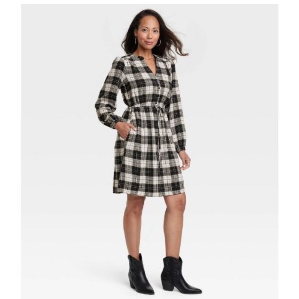 Plaid A-Line Long Sleeve Dress